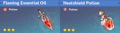 flaming essential oil and heatshield potion